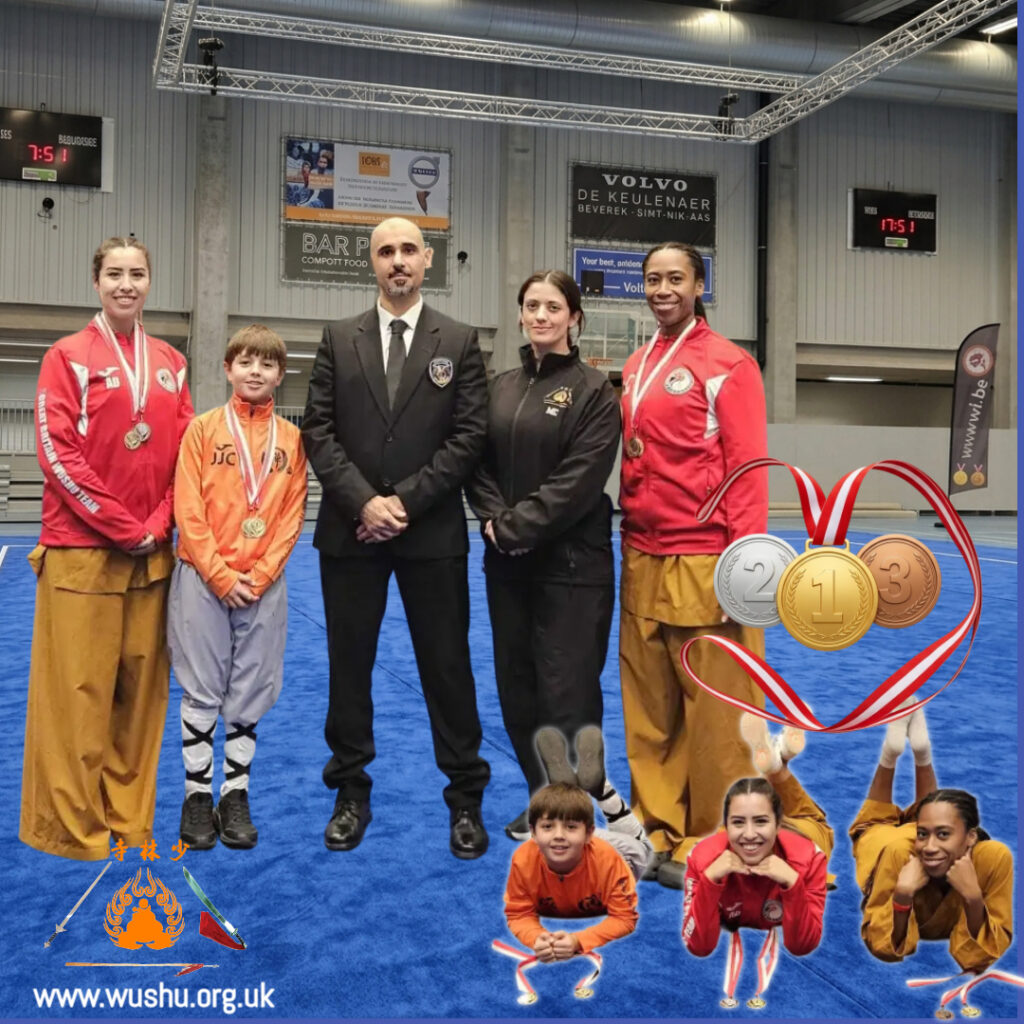 Team Shaolin athletes celebrating their medals at the Open Flanders Wushu Championships 2026